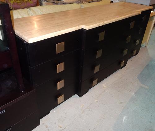 A 20th century hardwood triple section sideboard with marble top, with four long drawers flanked by four short drawers, 200cm wide x 80cm high. J9