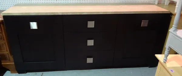 A 20th century hardwood black painted sideboard with marble top, the three drawers flanked by tambour fronted cupboard doors, 198cm wide x 84cm high
