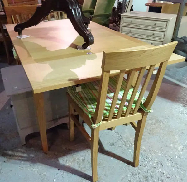 A 20th century oak square extending dining table, 90cm wide x 80cm high and three oak dining chairs (4).  BAY 3