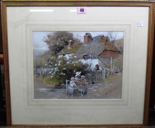 Follower of William Stephen Coleman, a family group before a cottage, pencil and bodycolour, 24.5cm x 31.5cm.  K1