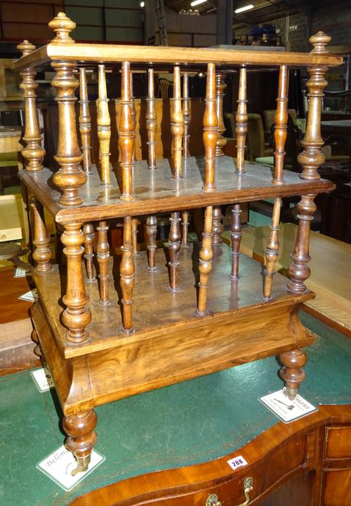 A Victorian walnut Canterbury whatnot with single drawer base, 52cm wide x 73cm high.   H8