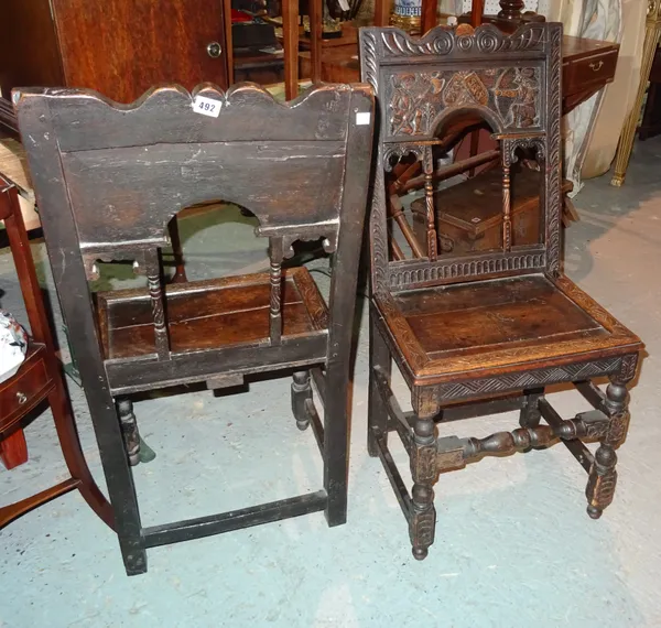 A pair of 17th century and later oak framed square back dining chairs, on block and turned supports, 48cm wide x 98cm high (2).  I5