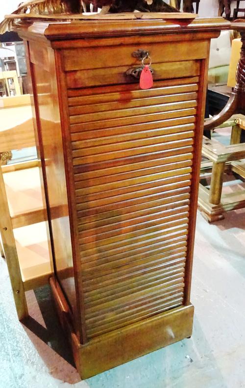 An early 20th century mahogany music cabinet with sliding tambour front, 50cm wide x 125cm high.  H8