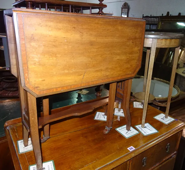 An Edwardian inlaid mahogany Sutherland table, 54cm wide x 57cm high, an Edwardian inlaid mahogany circular side table, 30cm wide x 50cm high, a 20th