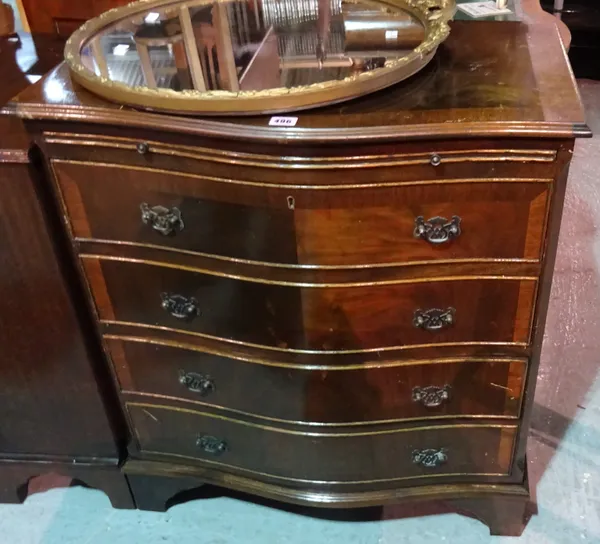 A 20th century mahogany serpentine chest of four long drawers and brushing slide on bracket feet, 73cm wide x 82cm high.  H9