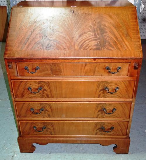 A 20th century mahogany bureau on bracket feet, 75cm wide x 100cm high.   BAY 1