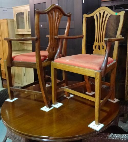 A pair of George III style shield back open armchairs with padded seats, 60cm wide (2).  L7