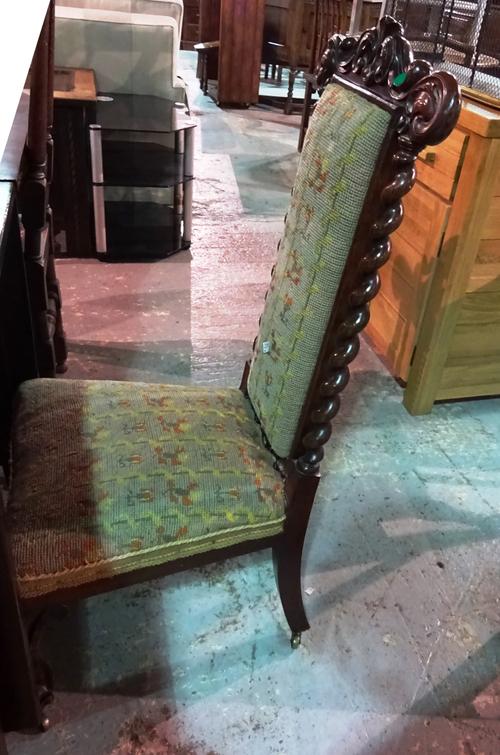 A Victorian rosewood framed prie dieu on scroll supports, an early 20th century painted corner cupboard with classical scene, 52cm wide x 84cm high, a