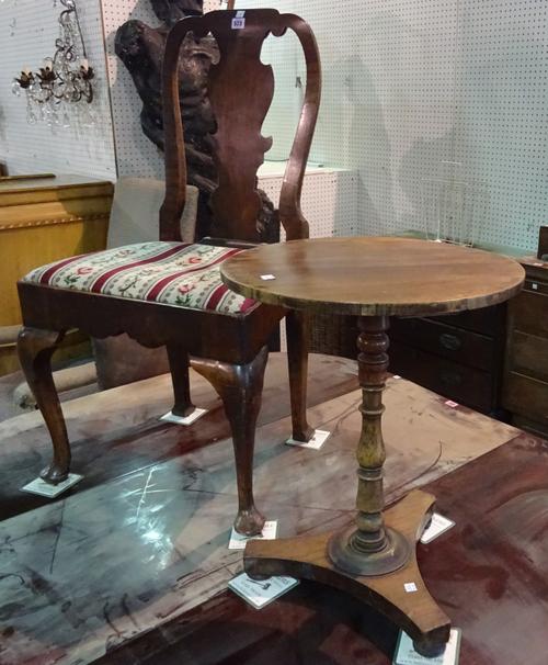 A Queen Anne style walnut vase back dining chair on pad feet and a Regency rosewood tripod table on trefoil base, 45cm wide x 54cm high, (2). B5