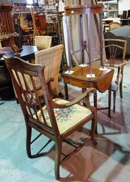 Edwardian furniture, including a mahogany inlaid open armchair on cabriole supports, another open armchair on fluted supports, a circular occasional t