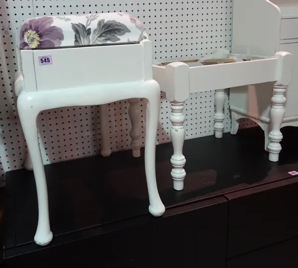 A 20th century white painted piano stool, together with another similar, (2).  I9