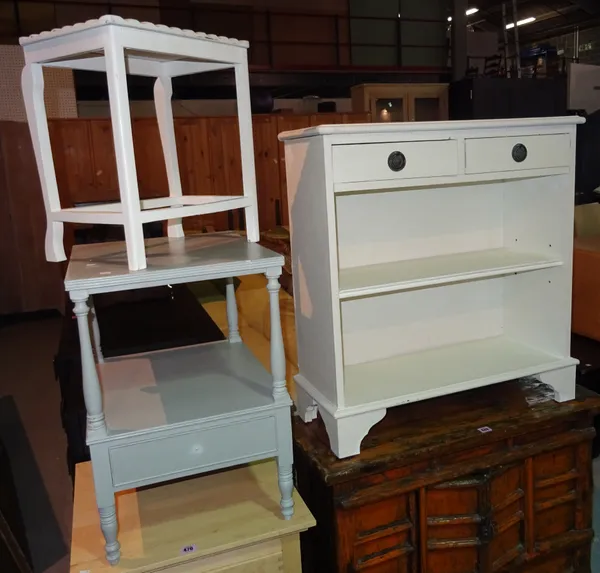 A 20th century white painted small bookcase, a small painted occasional table and a grey painted two tier table, (3).  I9