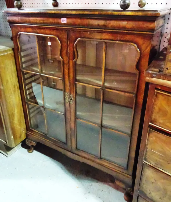 A 19th century walnut display cabinet on shell capped cabriole supports, 90cm wide x 115cm high. F10