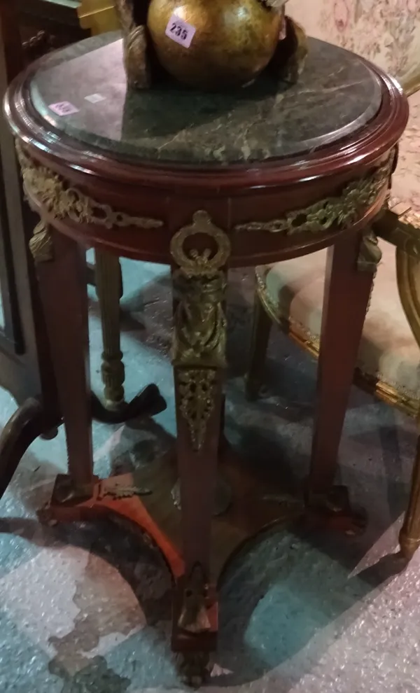 A Louis XVI style mahogany gilt metal mounted occasional table with marble top, 46cm wide x 80cm high; and another similar smaller, 44cm wide x 54cm h