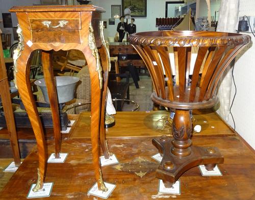 A Louis XVI style mahogany and gilt metal mounted single drawer occasional table on cabriole supports, 30cm wide x 76cm high; and a 19th century style