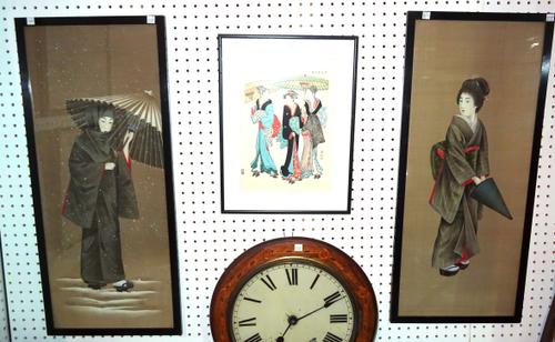 An early 20th century Japanese woodblock print and two other Japanese silk pictures, (3).   CAB