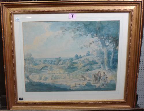 English School (early 19th century), Peasants, sheep and cattle in a river landscape, pen, ink and watercolour, 31cm x 41.5cm.  M1