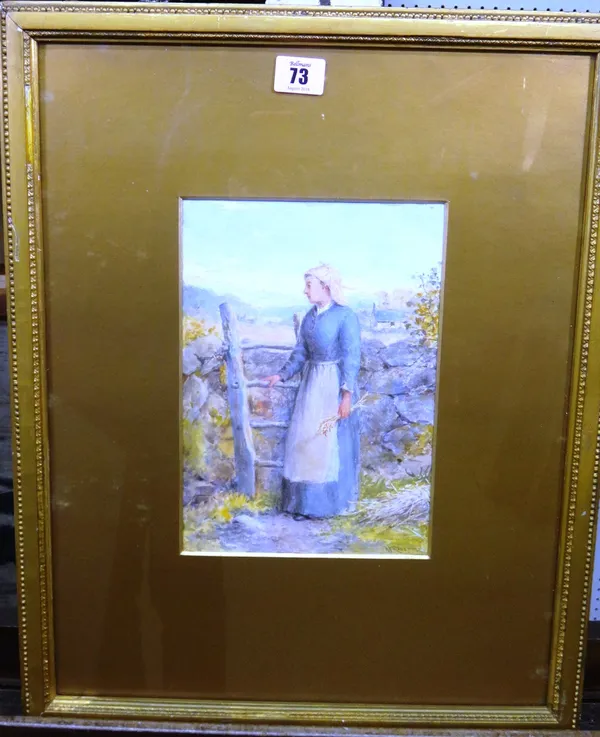 R. T. Minshull (exh. 1880-1902), Peasant woman by a stile, watercolour, signed, 24cm x 17cm.  K1