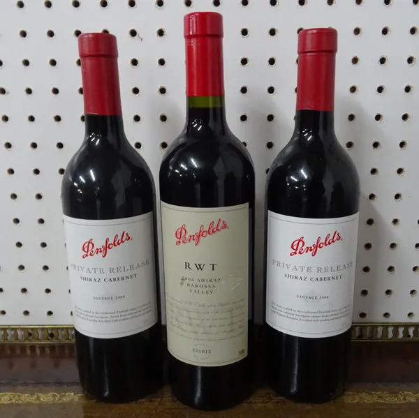 Two bottles of 2008 Penfolds RWT Shiraz, Barossa valley, three bottles of 2008 vintage Penfolds 'Private release' shiraz cabernet and one 1995 Vintage