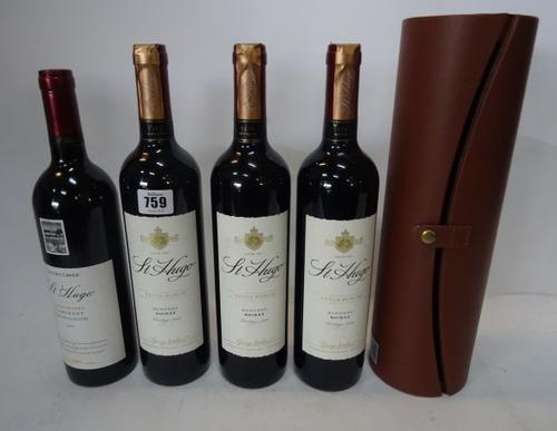 Three bottles of 2010 vintage St Hugo, Vetus Perum, Barosa, Shiraz, one with presentation box and one bottle of 2004 St Hugo Coonawarra cabernet Sauvi