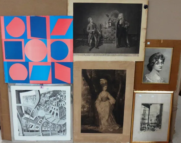 A small group of prints, including a mezzotint of a lady after Reynolds, a reproduction after Victor Vasarely, a reproduction print of a surrealist to
