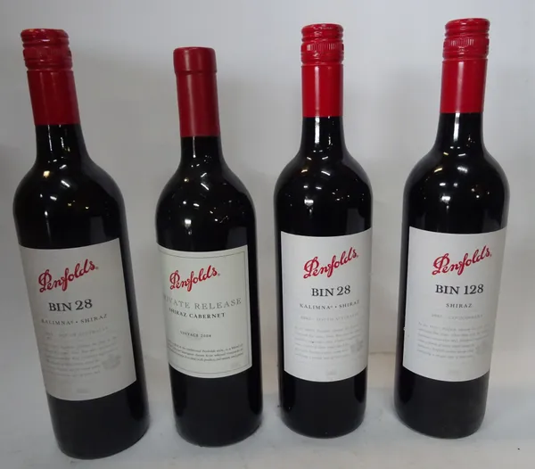Eight bottles of Penfolds red wine comprising; (3x) 2008 private release shiraz cabernet, (2x) 2005 Bin 28 Kalimna shiraz, (2x) 2005 Bin 128 Coonawarr