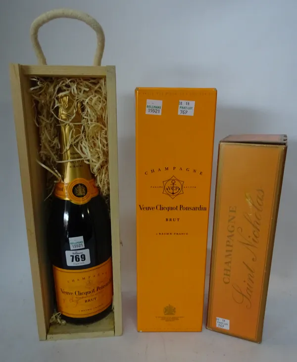 Two bottles of Veuve Clicquot Ponsardin Brut champagne and a half bottle of Saint Nicholas champagne. (3)