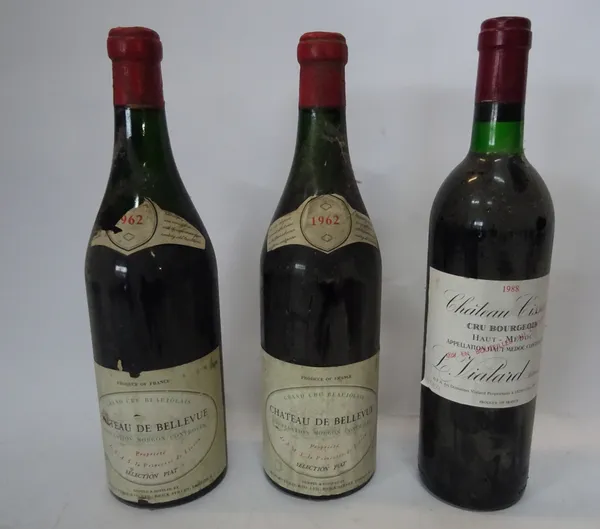 Six bottles of red wine comprising; 1973 Cordier Chateau Talbot, 1970 Cos D'Estournel Saint-Estephe, (x2) 1988 Chateau Cissac and (x2) 1962 Chateau de