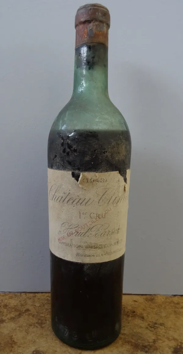 One bottle of 1943 Chateau Climens 1st Cru, (level at mid-low shoulder).