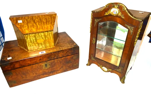 A 20th century French mahogany and gilt metal mounted display cabinet, a 20th century figured ash stationary box 24cm wide x 16cm high and a Victorian