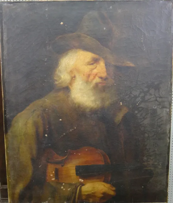Continental School (19th century), An old man with a violin, oil on canvas, unframed, 79cm x 64cm.  J1