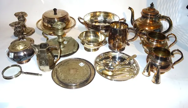 A group of silver plated wares, comprising; a pair of entree dishes, a pair of chamber sticks, an Elkington & Co tea caddy, a pair of candlesticks and