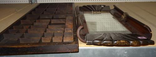 An unusual Art Deco walnut mirror 67cm wide and a early 20th century printer's tray, (2).   S4T