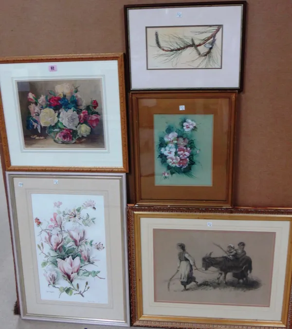 A group of five, including a still life of roses by Bertha Fowle, a still life of Magnolia by Winifred Taylor, a bird on a bough by David Barber, a fu