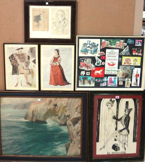 A group of 20th century prints, including a coastal scene after Karl Boehme, 'Il Dottore' initialled J.L.N.; two reproduction costume designs from the