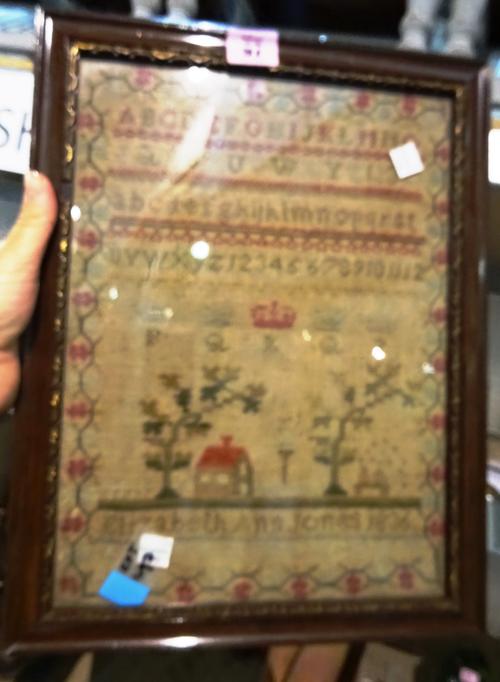 Elizabeth & Jones 1836, an alphabet sampler, together with three Aubusson wall tapestries and a wool work bell pull. (5)   S4M