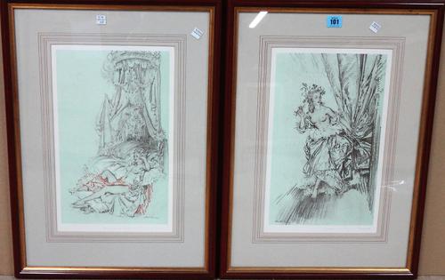 After Sir William Russell Flint, Madame Dubarry as a Bacchante; Madam Dubarry the reigning beauty, a pair of reproduction prints, inscribed in pencil,