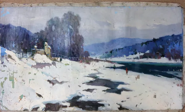 Russian School (20th century), Figures in a snowy winter landscape, oil on canvas, signed on reverse, unframed and unstretched, 61cm x 108cm.