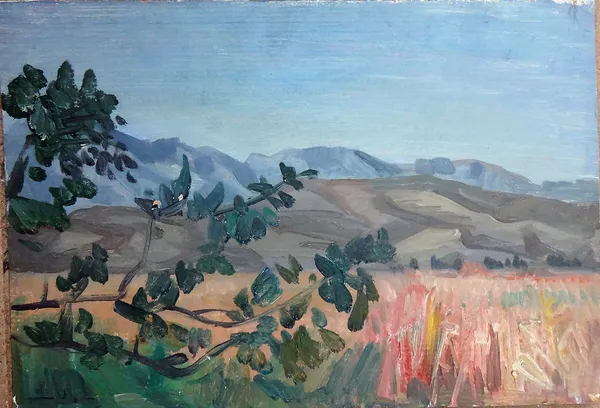 Russian School (20th century), Landscape; Hut by a pool, Woman outside a cottage, three, oil on board or oil on canvas, together with a mountainous la