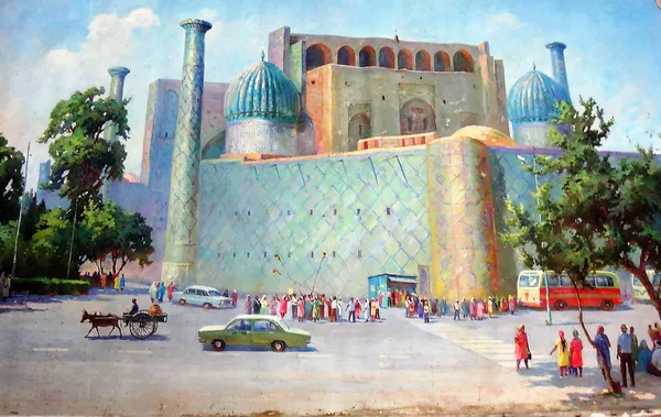 Mikhail Mitrofanovich Esin (b.1922), Samarkand, oil on canvas, signed and dated '76, unframed and unstretched, 148cm x 247cm.