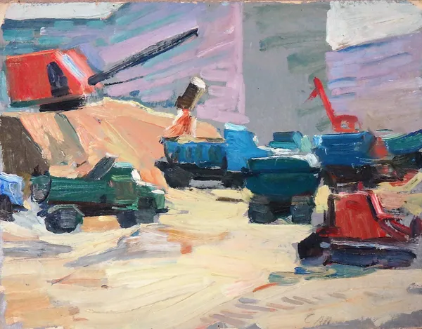 Russian School, (20th century), a group of three, including; Construction vehicles on a building site; A truck on a quiet road and Workers awaiting a