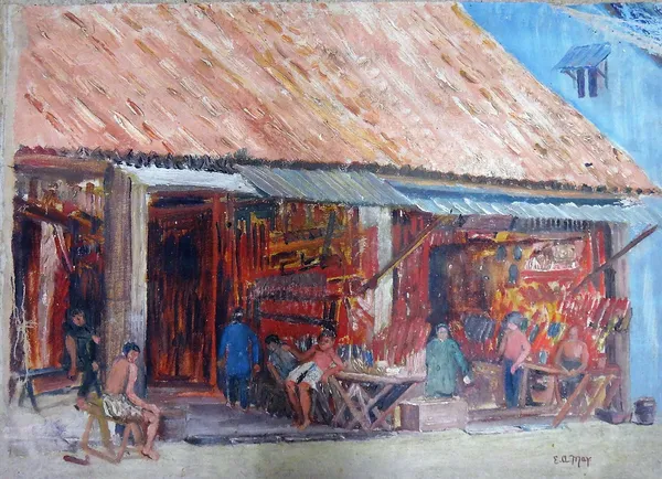 Russian School, (20th century),Market stalls; House amid palm trees, two, oil on canvas, unframed and unstretched, one signed E A May, the larger 48cm