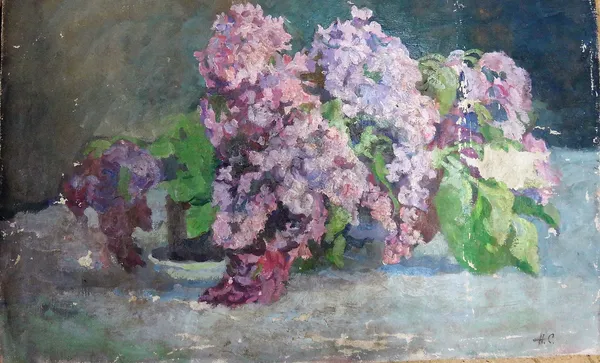 Russian School, (20th century), Still life of lilac, oil on canvas, unframed and unstretched, signed with initials H.C., 44cm x 66cm; together with a