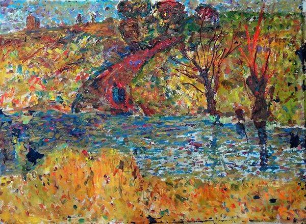 Russian School, (20th century), Autumn by the river, oil on canvas, unframed and unstretched, 69cm x 94cm.