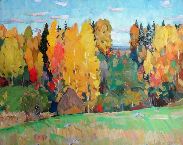 Russian School, (20th century), Autumn Trees, oil on canvas, unframed and unstretched, signed, 69cm x 87cm.