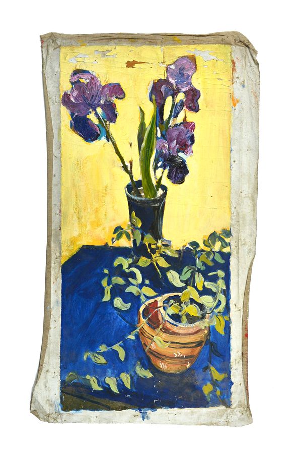 Russian School, (20th century), Still life of iris and pot plant, oil on canvas, unframed and unstretched, 84cm x 39cm. Illustrated.
