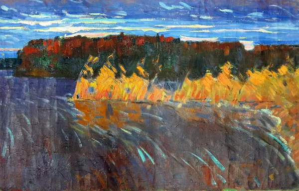 Russian School, (20th century), Autumn colours on the water, oil on canvas, unframed and unstretched, 55.5cm x 89cm.