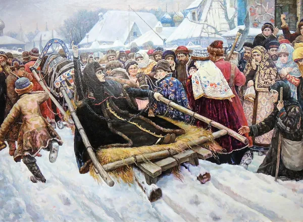 Russian School (20th/21st century), A prisoner drawn through a crowd, oil on canvas, signed and inscribed in Cyrillic on reverse, 90cm x 124cm.  A/S