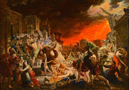 Russian School (late 20th century), Figures fleeing the destruction of a classical city, oil on canvas, signed and inscribed in Cyrillic,  dated 1990