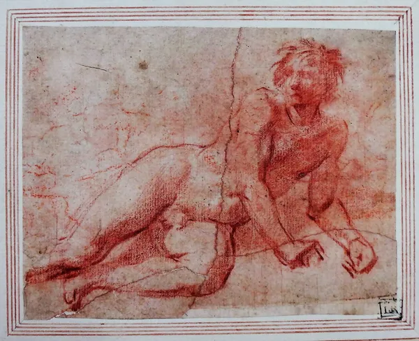 Boscoli ? (18th century), A male nude reclining, red chalk, unframed, 11.5cm x 15cm.Provenance: Reputedly the Collection of Sir Joshua Reynolds.